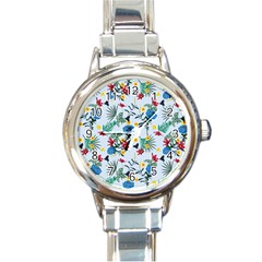 Blue Floral Stripes Round Italian Charm Watch by designsbymallika