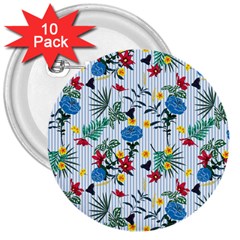 Blue Floral Stripes 3  Buttons (10 Pack)  by designsbymallika