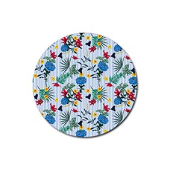 Blue Floral Stripes Rubber Coaster (round)  by designsbymallika