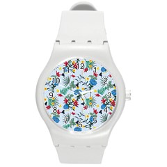 Blue Floral Stripes Round Plastic Sport Watch (m)