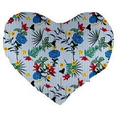 Blue Floral Stripes Large 19  Premium Flano Heart Shape Cushions by designsbymallika