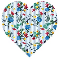 Blue Floral Stripes Wooden Puzzle Heart by designsbymallika