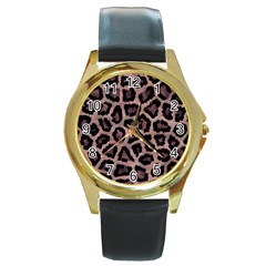 Realistic Leopard Fur Pattern, Brown, Black Spots Round Gold Metal Watch by Casemiro