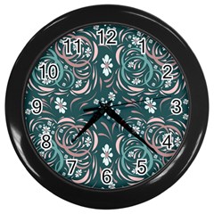 Folk Flowers Art Pattern Floral Abstract Surface Design  Seamless Pattern Wall Clock (black) by Eskimos