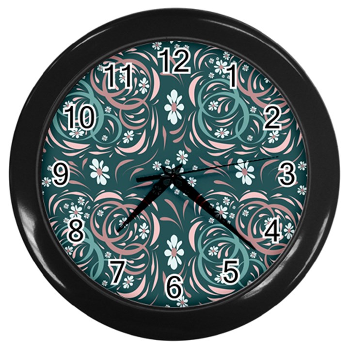 Folk flowers art pattern Floral abstract surface design  Seamless pattern Wall Clock (Black)