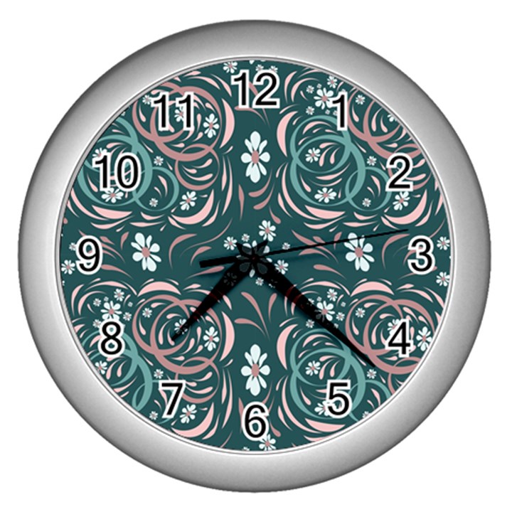 Folk flowers art pattern Floral abstract surface design  Seamless pattern Wall Clock (Silver)