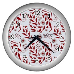 Folk Flowers Art Pattern Floral Abstract Surface Design  Seamless Pattern Wall Clock (silver) by Eskimos