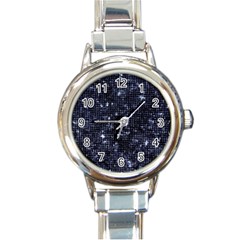 Geometric Dark Blue Abstract Print Pattern Round Italian Charm Watch