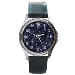 Geometric Dark Blue Abstract Print Pattern Round Metal Watch