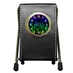 Weed Rainbow, Ganja Leafs Pattern In Colors, 420 Marihujana Theme Pen Holder Desk Clock by Casemiro