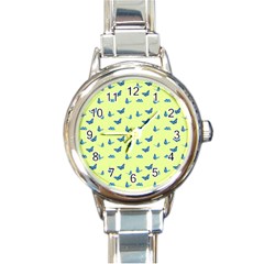 Blue Butterflies At Lemon Yellow, Nature Themed Pattern Round Italian Charm Watch by Casemiro