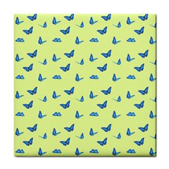 Blue Butterflies At Lemon Yellow, Nature Themed Pattern Tile Coaster by Casemiro