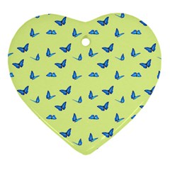 Blue Butterflies At Lemon Yellow, Nature Themed Pattern Ornament (heart) by Casemiro