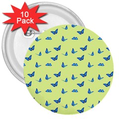 Blue Butterflies At Lemon Yellow, Nature Themed Pattern 3  Buttons (10 Pack)  by Casemiro