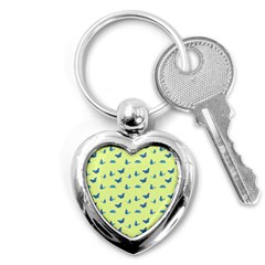 Blue Butterflies At Lemon Yellow, Nature Themed Pattern Key Chain (heart) by Casemiro