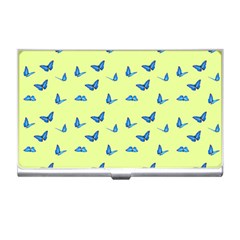 Blue Butterflies At Lemon Yellow, Nature Themed Pattern Business Card Holder by Casemiro