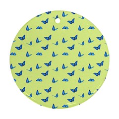 Blue Butterflies At Lemon Yellow, Nature Themed Pattern Round Ornament (two Sides) by Casemiro