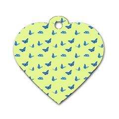 Blue Butterflies At Lemon Yellow, Nature Themed Pattern Dog Tag Heart (two Sides) by Casemiro