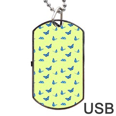 Blue Butterflies At Lemon Yellow, Nature Themed Pattern Dog Tag Usb Flash (one Side) by Casemiro