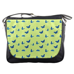 Blue Butterflies At Lemon Yellow, Nature Themed Pattern Messenger Bag by Casemiro