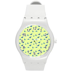 Blue Butterflies At Lemon Yellow, Nature Themed Pattern Round Plastic Sport Watch (m) by Casemiro