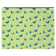 Blue Butterflies At Lemon Yellow, Nature Themed Pattern Cosmetic Bag (xxxl) by Casemiro