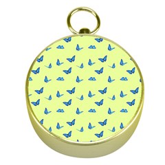 Blue Butterflies At Lemon Yellow, Nature Themed Pattern Gold Compasses by Casemiro