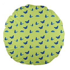 Blue Butterflies At Lemon Yellow, Nature Themed Pattern Large 18  Premium Flano Round Cushions by Casemiro