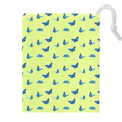 Blue Butterflies At Lemon Yellow, Nature Themed Pattern Drawstring Pouch (5xl) by Casemiro