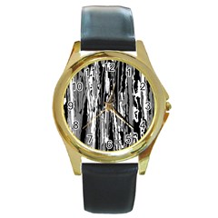 Black And White Abstract Linear Print Round Gold Metal Watch by dflcprintsclothing