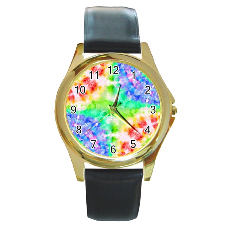 Fpd Batik Rainbow Pattern Round Gold Metal Watch