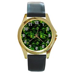 Jungle Camo Tropical Print Round Gold Metal Watch by dflcprintsclothing