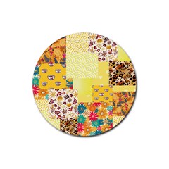 Yellow Floral Aesthetic Rubber Coaster (round)  by designsbymallika