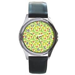 Vector Fruits Pattern, Pastel Colors, Yellow Background Round Metal Watch