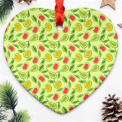 Vector Fruits Pattern, Pastel Colors, Yellow Background Heart Ornament (two Sides) by Casemiro