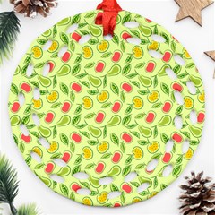 Vector Fruits Pattern, Pastel Colors, Yellow Background Ornament (round Filigree) by Casemiro