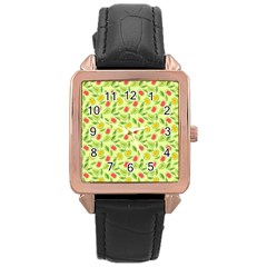 Vector Fruits Pattern, Pastel Colors, Yellow Background Rose Gold Leather Watch  by Casemiro