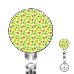 Vector Fruits Pattern, Pastel Colors, Yellow Background Stainless Steel Nurses Watch by Casemiro