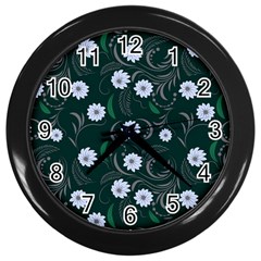 Folk Flowers Art Pattern Floral  Surface Design  Seamless Pattern Wall Clock (black) by Eskimos