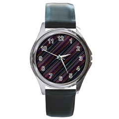 Dark Multicolored Striped Print Design Dark Multicolored Striped Print Design Round Metal Watch by dflcprintsclothing