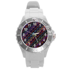 Dark Multicolored Mosaic Pattern Round Plastic Sport Watch (l) by dflcprintsclothing