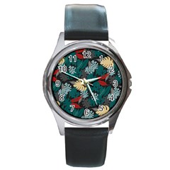 Tropical Autumn Leaves Round Metal Watch