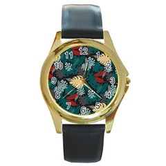 Tropical Autumn Leaves Round Gold Metal Watch by tmsartbazaar