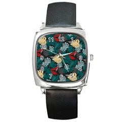 Tropical Autumn Leaves Square Metal Watch by tmsartbazaar