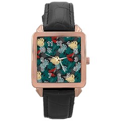 Tropical Autumn Leaves Rose Gold Leather Watch  by tmsartbazaar