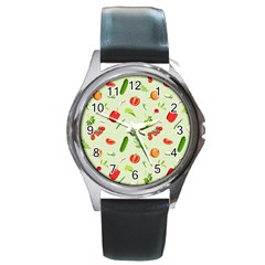 Seamless Pattern With Vegetables  Delicious Vegetables Round Metal Watch