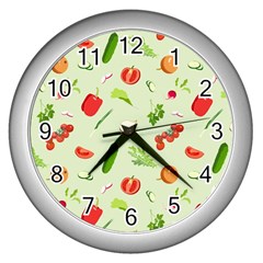 Seamless Pattern With Vegetables  Delicious Vegetables Wall Clock (silver) by SychEva