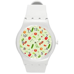 Seamless Pattern With Vegetables  Delicious Vegetables Round Plastic Sport Watch (m) by SychEva