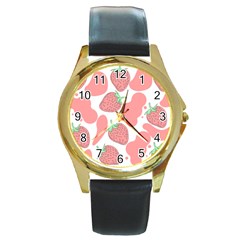 Strawberry Cow Pet Round Gold Metal Watch by Magicworlddreamarts1