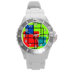 Colorful Rectangle Boxes Round Plastic Sport Watch (l) by Magicworlddreamarts1